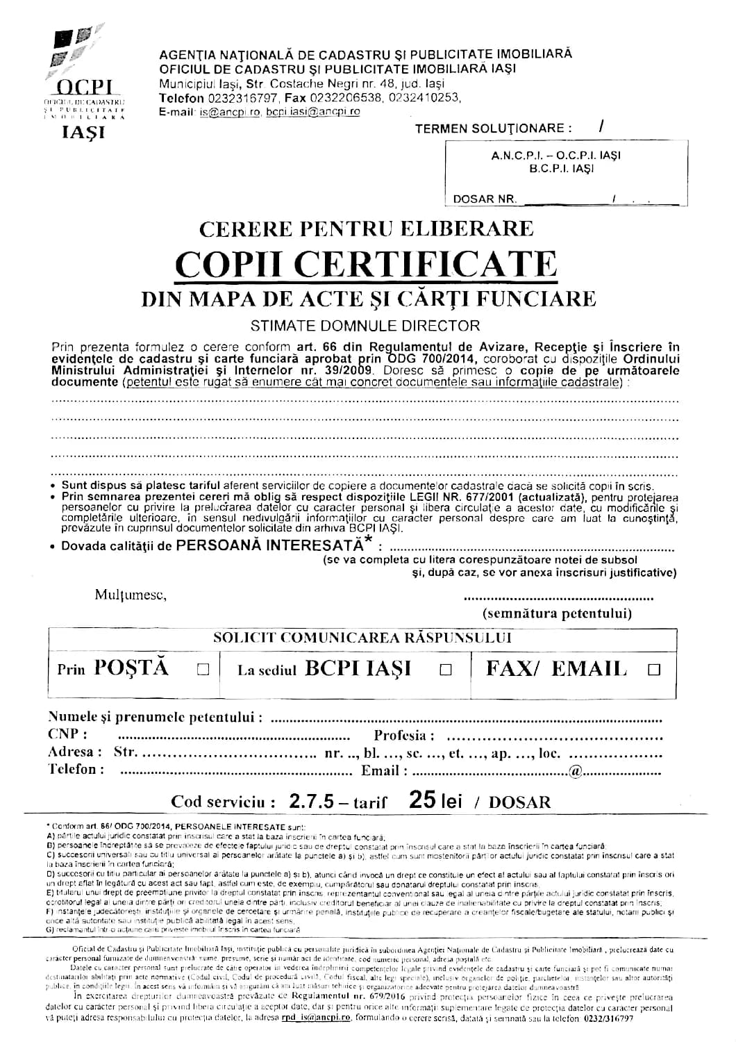 Copia certificata din arhiva Oficiului de Cadastru si Publicitate Imobiliara