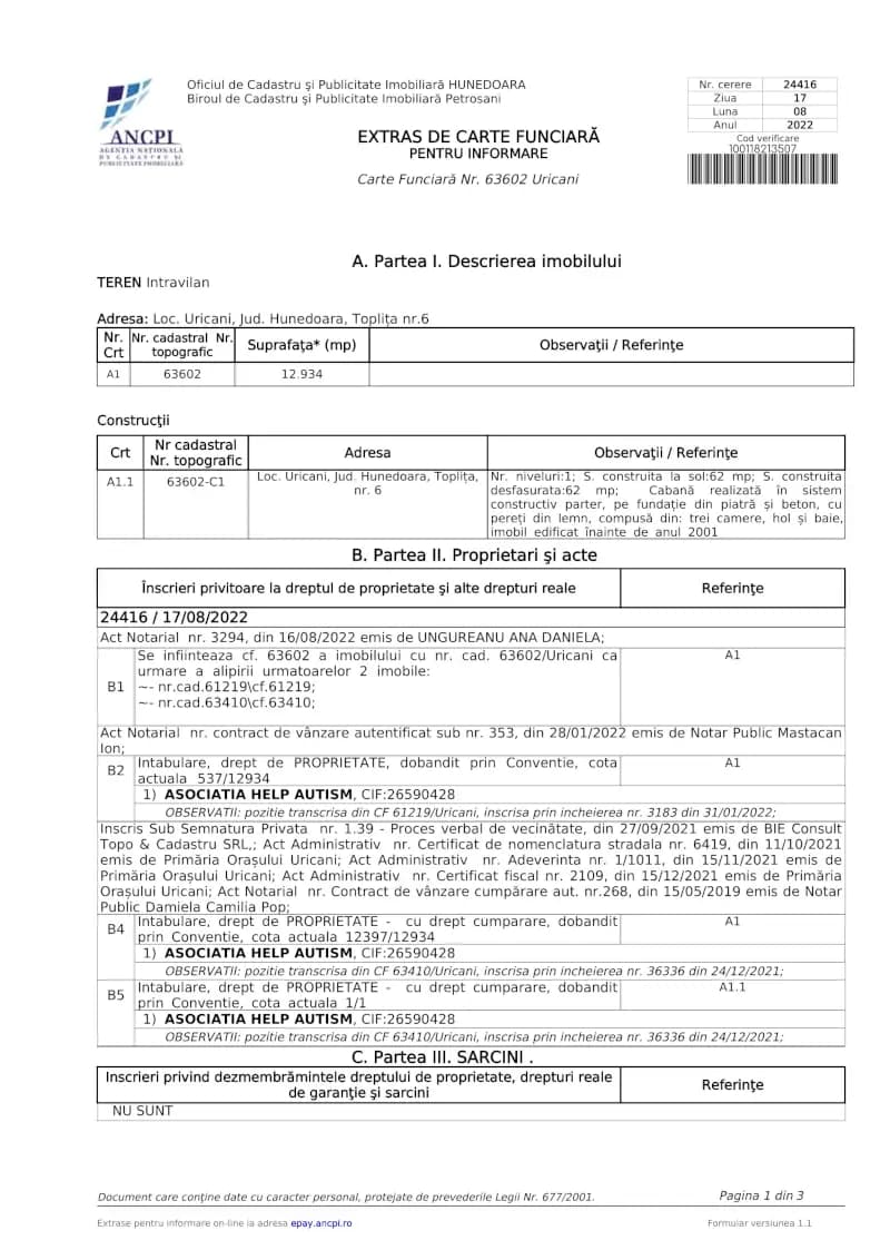 Copia cartii funciare in extenso de la Oficiul de Cadastru si Publicitate Imobiliara